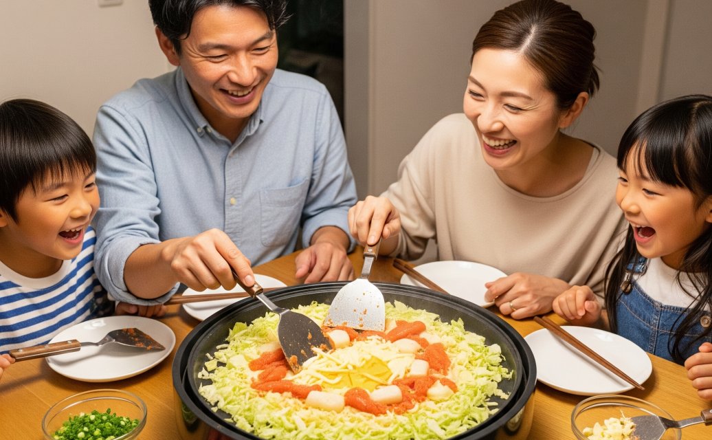 家族でもんじゃ焼き。明太子チーズもんじゃでもんじゃパーティー