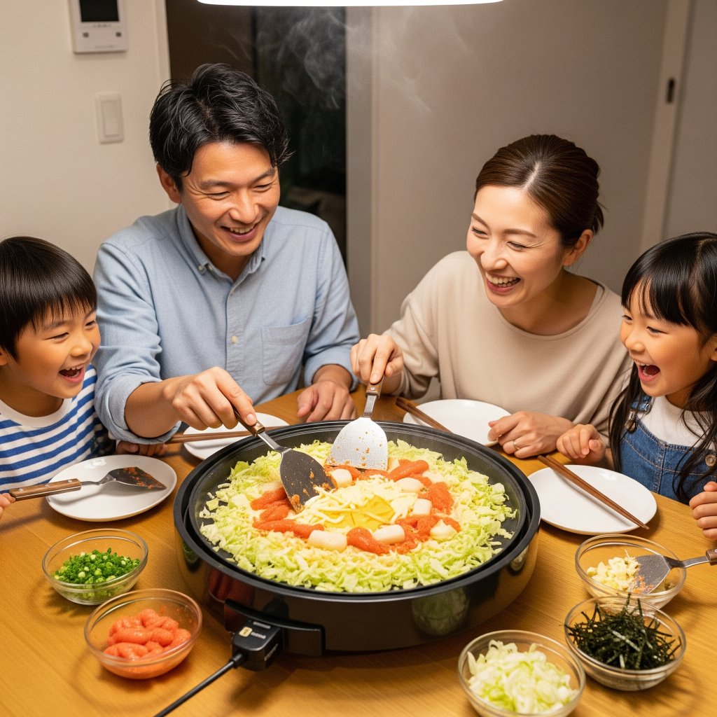楽しい家族でのもんじゃ焼きパーティー。明太子もちチーズもんじゃ焼きで盛り上がろう。