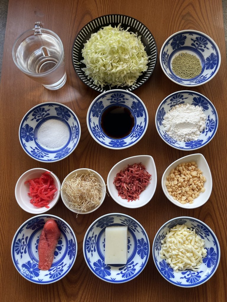 明太子もちチーズもんじゃ焼きの具材はこちらです。